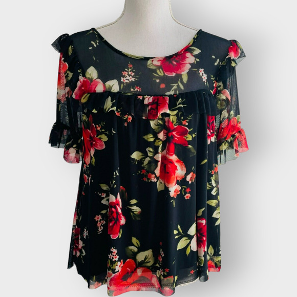 Sunday in Brooklyn Fabiana Floral Top Blouse Black Red Ruffles Sheer Scoop XS - Picture 2 of 10